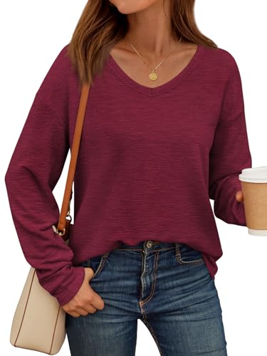 AUTOMET Damen Langarm Oversized T-Shirts V-Ausschnitt 2024 Baumwolle Tops Business Casual Basic Tees, Weinrot, Klein von AUTOMET