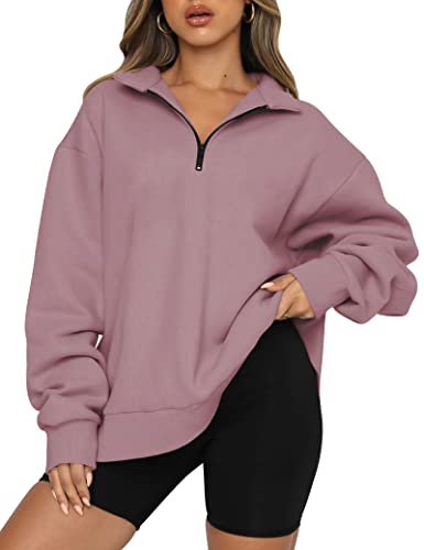 AUTOMET Damen Oversize-Pullover mit halbem Reißverschluss, langärmelig, Sweatshirt, Viertelreißverschluss, Hoodie, Pullover, Teenager, Mädchen, Herbst, Y2K Kleidung, Dunkelrosa, L von AUTOMET