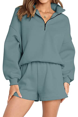 AUTOMET Damen Oversized 2-teiliges Lounge-Set mit halbem Reißverschluss Sweatshirts Sweatsuit, Bluegreen, S von AUTOMET