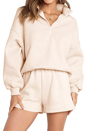 AUTOMET Damen Oversized 2-teiliges Lounge-Set mit halbem Reißverschluss Sweatshirts Sweatsuit, aprikose, 38 von AUTOMET