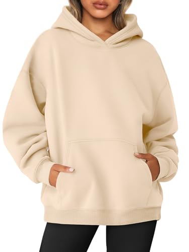 AUTOMET Damen Oversized Sweatshirts Fleece Hoodies Langarm Shirts Pullover Herbst Kleidung mit Tasche, Aprikose, L von AUTOMET