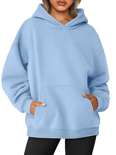 AUTOMET Damen Oversized Sweatshirts Fleece Hoodies Langarm Shirts Pullover Herbst Kleidung mit Tasche, Hellblau, M von AUTOMET