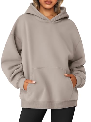 AUTOMET Damen-Sweatshirt, Übergröße, Fleece, Kapuzenpullover, Langarm-Shirt, Pullover, Herbstkleidung mit Tasche, Kaffeegrau, S von AUTOMET
