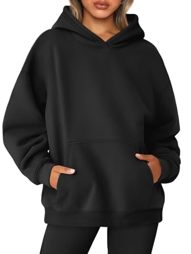 AUTOMET Damen-Sweatshirt, Übergröße, Fleece, Kapuzenpullover, Langarm-Shirt, Pullover, Herbstkleidung mit Tasche, Schwarz, XL von AUTOMET