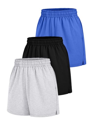 AUTOMET Damen-Shorts, lässig, Sommer, Kordelzug, bequem, Sweatshorts, elastisch, hohe Taille, Laufshorts mit Taschen, 3 Stück: Schwarz, Grau und Blau, Klein von AUTOMET