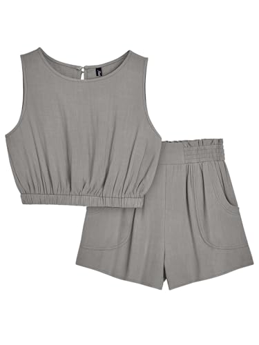 AUTOMET Damen Sommer 2 Stück Outfits Shorts Sets Ärmellos Rundhals Crop Top Tank und Hohe Taille Shorts mit Taschen, Lightgrey, M von AUTOMET