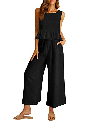 AUTOMET Damen Sommer 2-teilige Outfits Leinen Crop Tank Top Lounge Passende Sets & Lange Hosen Trainingsanzüge mit Taschen, Schwarz, Medium AUTOMET Damen Sommer 2-teilige Outfits Leinen Crop Tank Top Lounge Passende Sets & Lange Hosen Trainingsanzüge mit Taschen, Schwarz, Medium von AUTOMET