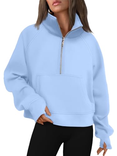 AUTOMET Damen-Sweatshirt, Sweatshirt mit halbem Reißverschluss, kurzer Fleece-Viertelreißverschluss, Kapuzenpullover, Herbst-Outfits, Kleidung, Daumenloch, Hellblau, S von AUTOMET