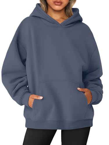 AUTOMET Damen-Sweatshirt, Übergröße, Fleece, Kapuzenpullover, Langarm-Shirt, Pullover, Herbstkleidung mit Tasche, Dustyblue, M von AUTOMET