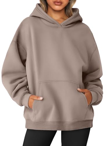 AUTOMET Damen-Sweatshirt, Übergröße, Fleece, Kapuzenpullover, Langarm-Shirt, Pullover, Herbstkleidung mit Tasche, Kaffeegrau, L von AUTOMET