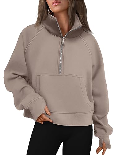 AUTOMET Damen-Sweatshirt, halber Reißverschluss, kurzer Fleece-Viertelreißverschluss, Kapuzenpullover, Herbst-Outfits, Kleidung, Daumenloch, Kaffeegrau, M von AUTOMET