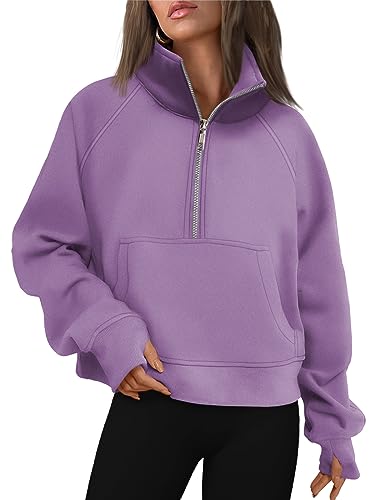 AUTOMET Damen-Sweatshirt, halber Reißverschluss, kurzer Fleece-Viertelreißverschluss, Kapuzenpullover, Herbst-Outfits, Kleidung, Daumenloch, Violett, L von AUTOMET