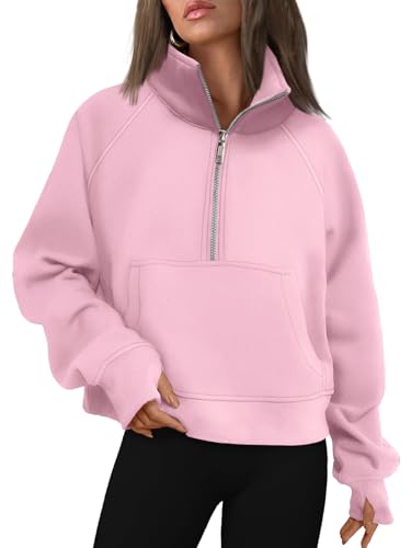 AUTOMET Damen-Sweatshirts mit halbem Reißverschluss, bauchfrei, Fleece, Viertelreißverschluss, Hoodies 2025, Herbstmode, Outfits, hellrosa, L von AUTOMET