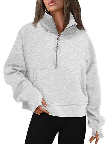 AUTOMET Damen-Sweatshirts, halber Reißverschluss, kurzer Pullover, Fleece, Viertelreißverschluss, Hoodies, Herbst-Outfits, Kleidung, Daumenloch, GRAU, L von AUTOMET