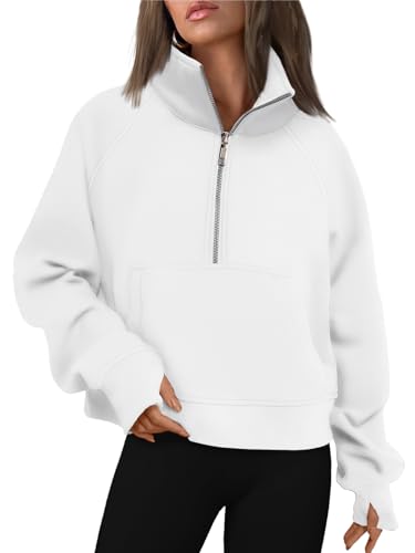 AUTOMET Damen-Sweatshirt, halber Reißverschluss, kurzer Fleece-Viertelreißverschluss, Kapuzenpullover, Herbst-Outfits, Kleidung, Daumenloch, Weiss/opulenter Garten, M von AUTOMET