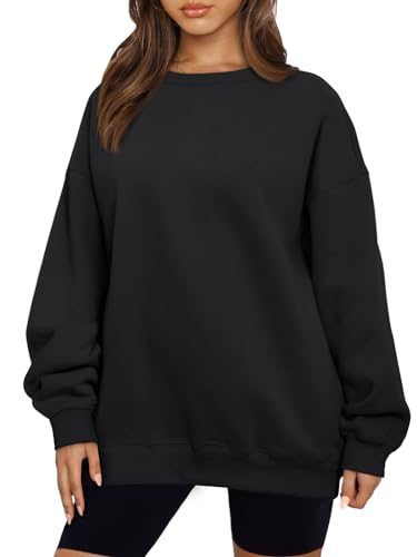 AUTOMET Damen Sweatshirts Hoodies Fleece Rundhalsausschnitt Übergroße Pullover Pullover Pullover Casual Bequem Herbst Mode Outfits Kleidung 2023, Schwarz, S von AUTOMET