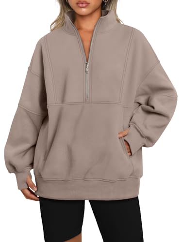 AUTOMET Damen-Sweatshirts mit halbem Reißverschluss, Fleecepullover, lange Kapuzenpullover, lässiger Rollkragenpullover mit Taschen, Beige, XL AUTOMET Damen-Sweatshirts mit halbem Reißverschluss, Fleecepullover, lange Kapuzenpullover, lässiger Rollkragenpullover mit Taschen, Beige, XL von AUTOMET