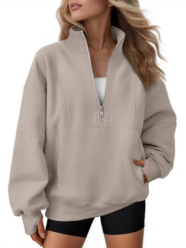 Automet, übergroßes Fleece-Sweatshirt für Damen mit halbem Reißverschluss, Viertel-Reißverschluss, Kapuze und Stehkragen, Herbst-Workout-Jacke, Beige, XL von AUTOMET