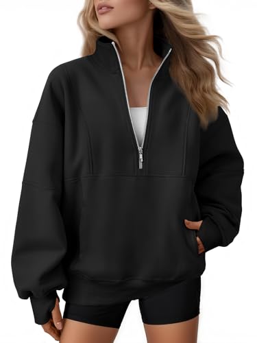 Automet, übergroßes Fleece-Sweatshirt für Damen mit halbem Reißverschluss, Viertel-Reißverschluss, Kapuze und Stehkragen, Herbst-Workout-Jacke, Schwarz, XL von AUTOMET