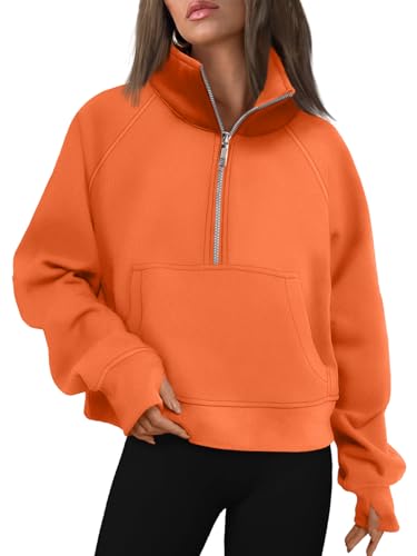 AUTOMET Damen-Sweatshirts mit halbem Reißverschluss, bauchfrei, Fleece, Viertelreißverschluss, Hoodies 2025, Herbstmode, Outfits, Orange/Abendrot im Zickzackmuster (Sunset Chevron), M von AUTOMET