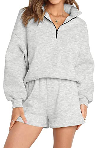 AUTOMET Damen Oversized 2-teilige Lounge-Sets Herbst Outfits 2023 Langarm Gemütlich Casual Pyjama Shorts Sweatsuit Sets, Grau, M von AUTOMET