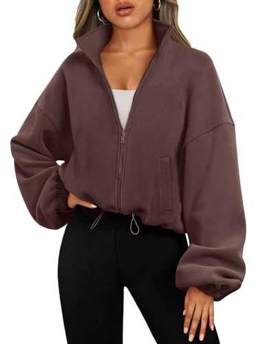 AUTOMET Damen Zip Up Hoodies Übergroße Sweatshirts Langarm Crop Sherpa Herbst Outfits Mode Kleidung 2023, Braun, S von AUTOMET