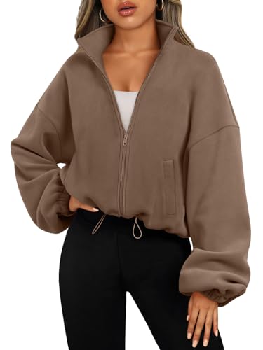 AUTOMET Damen Zip Up Hoodies Übergroße Sweatshirts Langarm Crop Sherpa Herbst Outfits Mode Kleidung 2023, Kaffee, L von AUTOMET