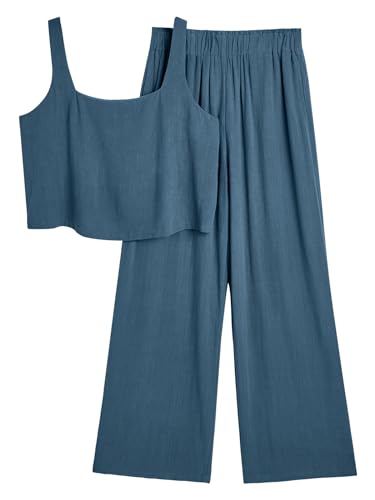 AUTOMET 2-teiliges Sommer-Outfit für Damen, lässige Lounge, passende Sets, Leinen, bauchfreies Top, lange Hose, modische Kleidung 2024, Marineblau, L von AUTOMET