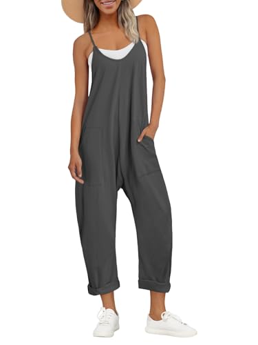 AUTOMET Jumpsuits für Frauen Casual Sommer Strampler Ärmellos Lose Spaghettiträger Baggy Overalls Pullover mit Taschen 2023, Dunkelgrau, S von AUTOMET