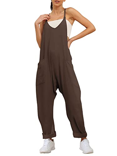 AUTOMET Jumpsuits für Frauen Casual Sommer Strampler Ärmellos Lose Spaghettiträger Baggy Overalls Pullover mit Taschen 2023, Kaffeebrown, Medium von AUTOMET