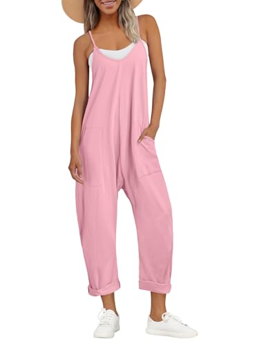 AUTOMET Jumpsuits für Frauen Casual Sommer Strampler Ärmellos Lose Spaghettiträger Baggy Overalls Pullover mit Taschen 2023, Rosa, M von AUTOMET