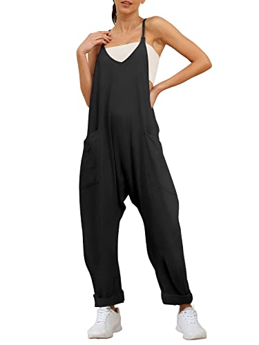 AUTOMET Jumpsuits für Frauen Casual Sommer Strampler Ärmellos Lose Spaghettiträger Baggy Overalls Pullover mit Taschen 2023, Schwarz, M von AUTOMET