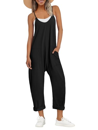 AUTOMET Jumpsuits für Frauen Casual Sommer Strampler Ärmellos Lose Spaghettiträger Baggy Overalls Pullover mit Taschen 2023, Schwarz, XL von AUTOMET