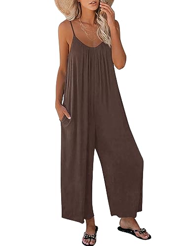 AUTOMET Jumpsuits für Wpmen Loose Casual Sleeveless Adjustable Spaghetti Strap Stretchy Wide Leg Rompers with Pockets, Kaffee, Large von AUTOMET
