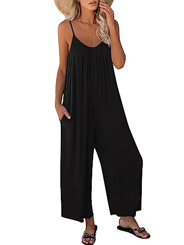 AUTOMET Jumpsuits für Wpmen Loose Casual Sleeveless Adjustable Spaghetti Strap Stretchy Wide Leg Rompers with Pockets, Schwarz, X-Large von AUTOMET