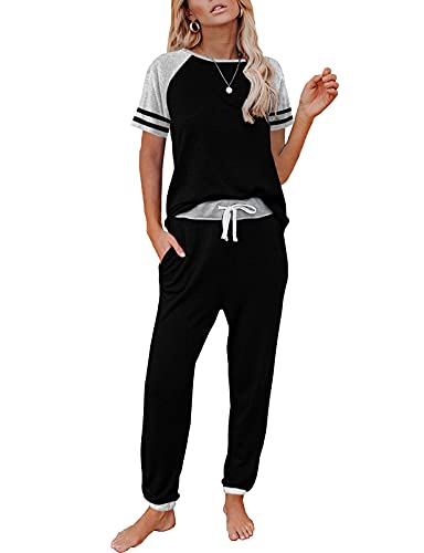 AUTOMET Lounge-Sets für Damen, zweiteilig, Loungewear, kurzärmelig, Rundhalsausschnitt, Jogger-Pyjama-Set und Sweathose, Trainingsanzug, Schwarz, M von AUTOMET