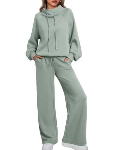 AUTOMET Lounge-Sets für Frauen Sweatsuits 2-teilige Outfits 2023 Herbst Kordelzug Sweatshirt Weites Bein Jogginghose Trainingsanzug, Salbeigrün, Large von AUTOMET
