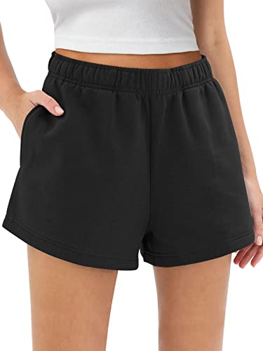 AUTOMET Sweat-Shorts für Damen, lässig, athletisch, hohe Taille, bequeme Lounge-Workout-Shorts, Sommer-Baggy-Shorts mit Taschen, Schwarz, Groß von AUTOMET