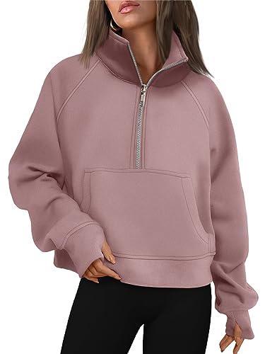 AUTOMET Damen-Sweatshirts, halber Reißverschluss, kurzer Pullover, Fleece, Viertelreißverschluss, Hoodies, Herbst-Outfits, Kleidung, Daumenloch, Dunkelrosa, S von AUTOMET