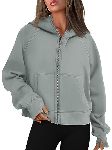 AUTOMET Damen Kapuzenpullover mit Reißverschluss, Fleece, übergroße Sweatshirts, durchgehender Reißverschluss, Y2k, Herbstkleidung 2024, modische Outfits, Graugrün, S von AUTOMET