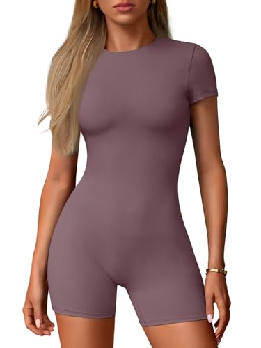 AUTOMET Einteiliger Damen-Jumpsuit, Workout-Body, Yoga, Rundhalsausschnitt, kurze Ärmel, Muskatnuss, Medium von AUTOMET