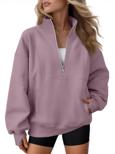 Automet, übergroßes Fleece-Sweatshirt für Damen mit halbem Reißverschluss, Viertel-Reißverschluss, Kapuze und Stehkragen, Herbst-Workout-Jacke, Muskatnuss, L von AUTOMET