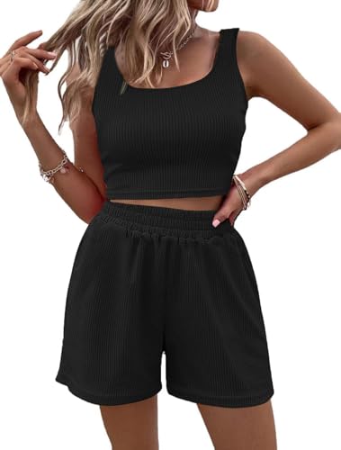 AUTOVISUM Zweiteiliges Sommer-Outfit für Damen, ärmellos, bauchfreies Top und hohe Taille, kurzes Strick-Lounge-Set, 2-teilig, Schwarz, L von AUTOVISUM