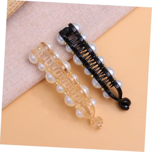 AUTSUPPL 2 Stück Elegante Bananen haarspangen mit Perlen dekor Großer Clip für Dutt und Pferdeschwanz Vertikal Schwarz und Bernsteinfarben Praktische Damen Haarklammern für Alltag und von AUTSUPPL