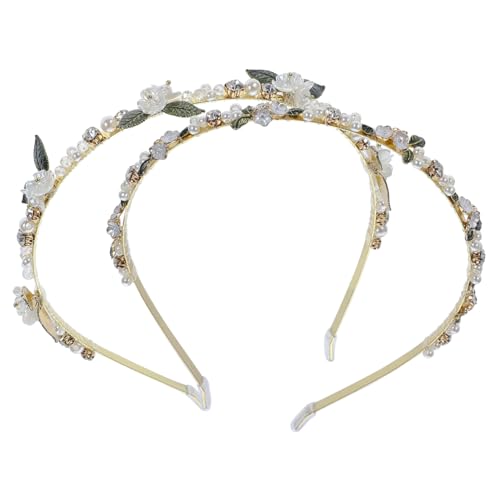 AUTSUPPL 2 Stück Teiliges Haarband für Damen mit Funkelnden Strasssteinen Perlen und Blumen Dehnbar Komfortabel Modischer Haarschmuck für Hochzeit Party und Alltag Goldfarbener Haarreifen von AUTSUPPL