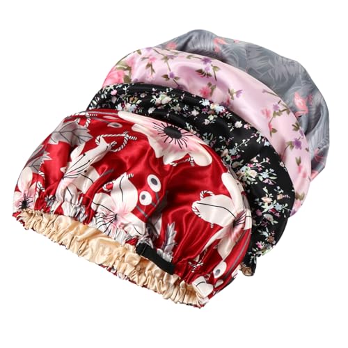 AUTSUPPL 4stücke Teiliges Verstellbares Satin-schlafmütze Frauen Doppellagig Weinrot Schutz Der Haare Beim Waschen Und Schlafen Leicht Und Tragbar von AUTSUPPL