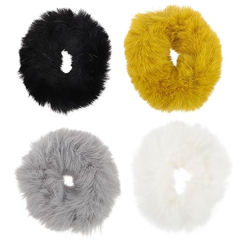 AUTSUPPL 4 Stück Fuzzy Haarhalter Kunstfell Haargummis Pferdeschwanz Halter Für Damen Elastische Haarbänder in Schwarz Grau Ingwer Und Weiß Bequem Und Stylisch Für Verschiedene von AUTSUPPL
