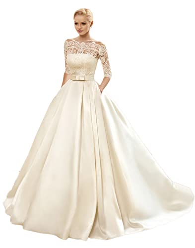 AUTTOGirl Bescheiden Hochzeitskleider Halbe Ärmel Spitze Satin Ballkleid Brautkleider Verneigung Gürtel Hochzeitskleid Elfenbein 44 von AUTTOGirl