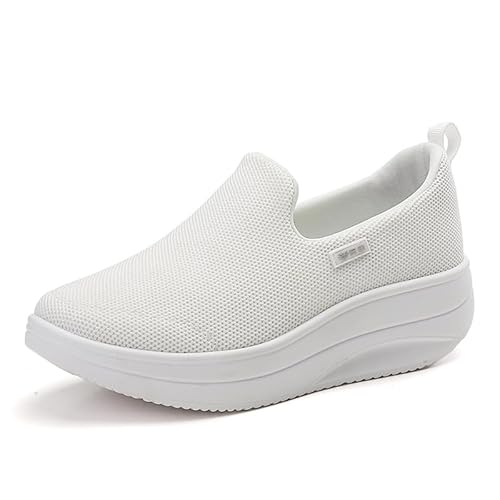 AUUGK Damen Orthopädische Slip-On Wanderschuhe - Mesh Plateau Sneaker mit Rocker Bottom rutschfeste Leichte Loafer für Krankenschwestern & Steharbeit, Weiss/opulenter Garten, 41 EU von AUUGK
