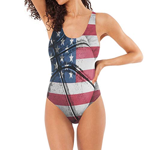 AUUXVA Bigjoke Damen-Badeanzug, Einteiler, Sport, Ball, Amerikanische Flagge, Basketball, gerüschte Bauchkontrolle, Badeanzug für Erwachsene, Damen, Teenager, Mädchen Gr. XL, multi von AUUXVA